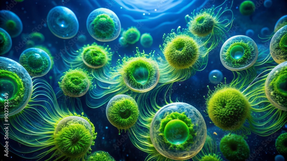 Microalgae Blue Vibrant green micro algae blooms swirl in mesmerizing patterns against ...