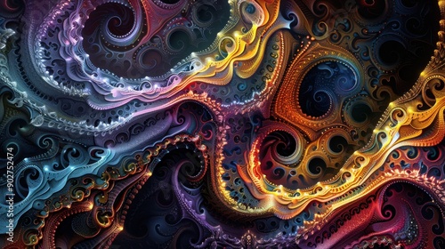 Colorful fractal patterns intertwine in a mesmerizing abstract background with vivid colors and intricate designs.