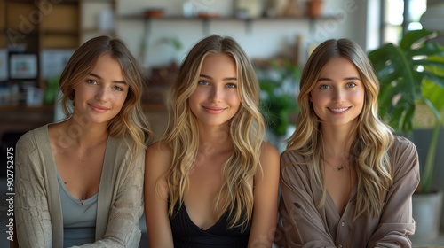 Three Young Women Smiling Together in a Bright, Cozy Indoor Space During Daytime © fotofabrika