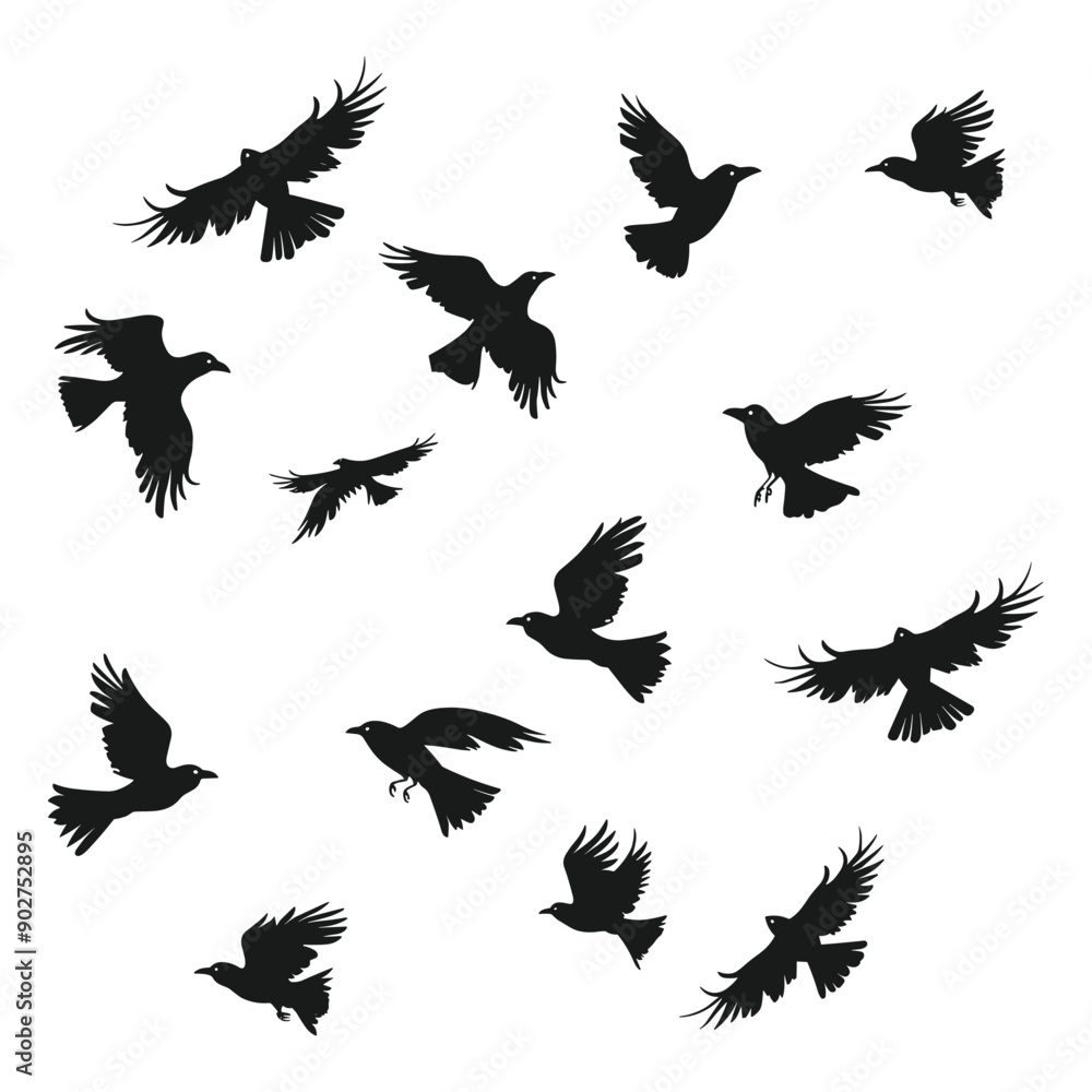 Obraz premium Silhouettes of 15 flying birds isolated on white background.