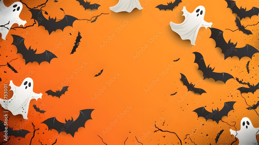 Halloween Spooktacular: A flurry of playful ghosts and bats dance against an orange and gold backdrop, creating a festive and spooky atmosphere. Perfect for Halloween celebrations, party decorations, Halloween Spooktacular: A flurry of playful ghosts and bats dance against an orange and gold backdrop, creating a festive and spooky atmosphere. Perfect for Halloween celebrations, party decorations,