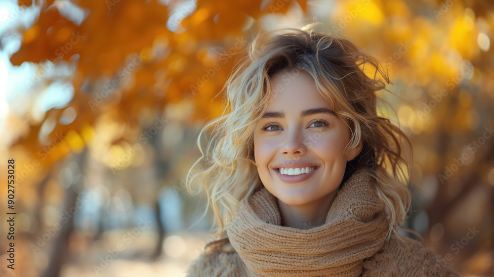 Smiling Blonde Woman Enjoying Beautiful Autumn Day Outdoors Smiling Blonde Woman Enjoying Beautiful Autumn Day Outdoors