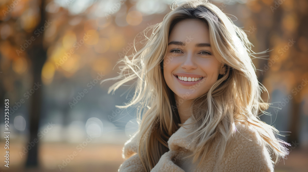 Obraz premium Beautiful Blonde Woman Smiling Outdoors During Autumn Season with Sunlight