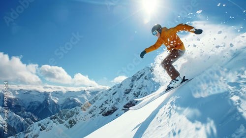 Male snowboarder doing midair tricks jumping off cliff