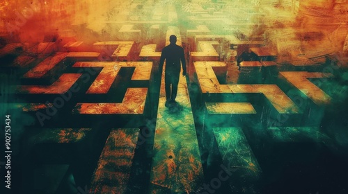 Concept of states of mind and psychology illustrated by a man's silhouette navigating a complex maze.