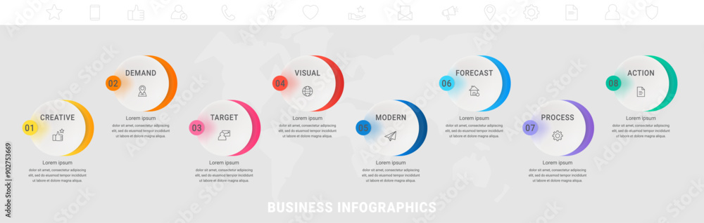 Fototapeta premium Vector timeline infographics template with eight circles and options. Blank space for web, infographic, diagram, business, digital network, flowchart, presentations