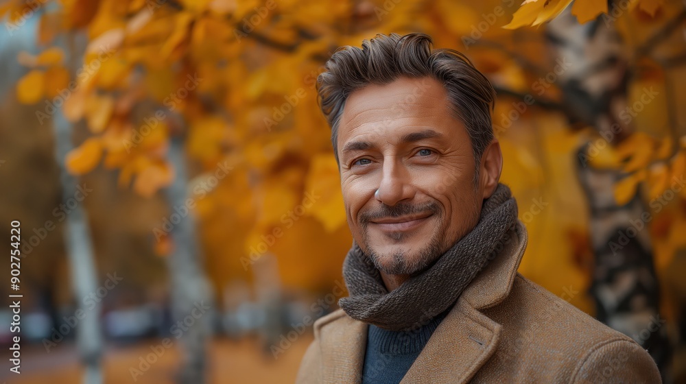 Happy Mature Man in Autumn Park Wearing a Beige Coat and Scarf with Colorful Leaves Happy Mature Man in Autumn Park Wearing a Beige Coat and Scarf with Colorful Leaves
