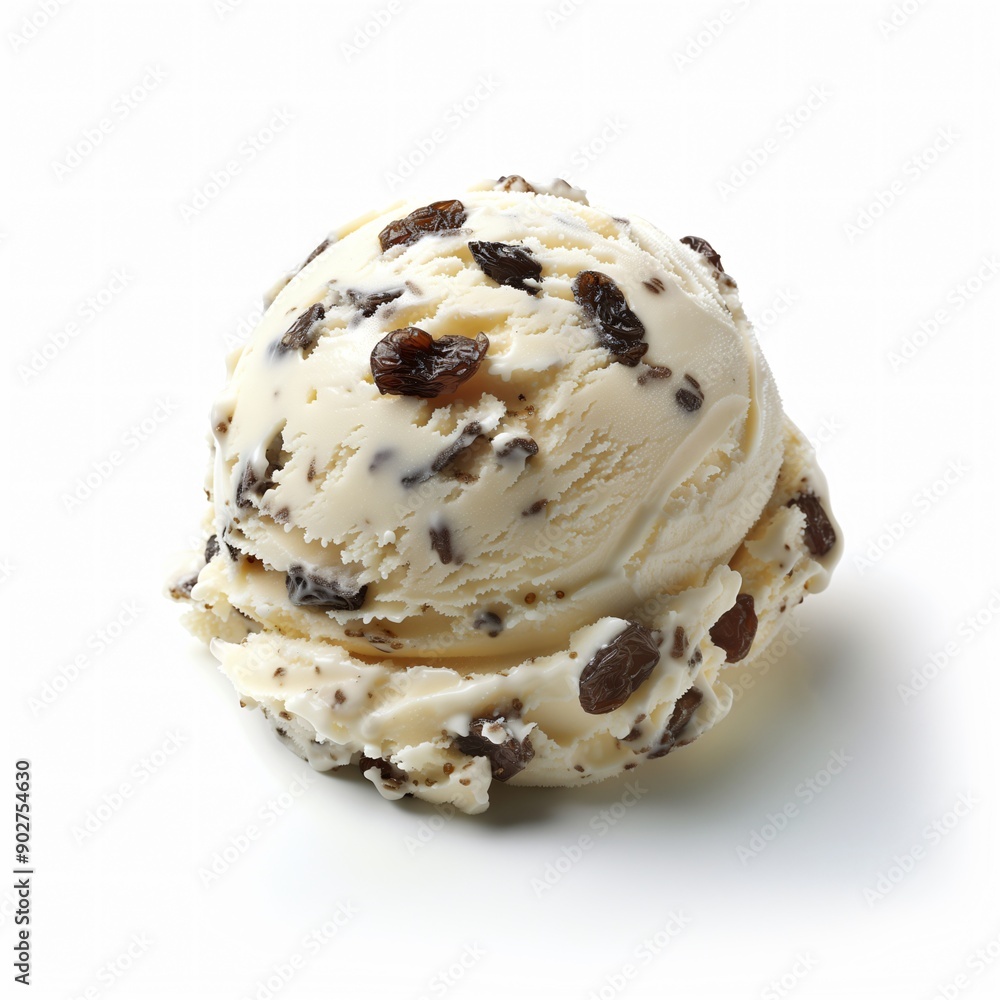 Single Scoop of Rum Raisin Ice Cream with Raisin Pieces, Isolated on White Background Single Scoop of Rum Raisin Ice Cream with Raisin Pieces, Isolated on White Background