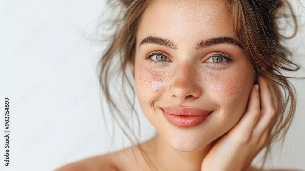 Young woman beautiful face looking at camera copy space for text Young woman beautiful face looking at camera copy space for text