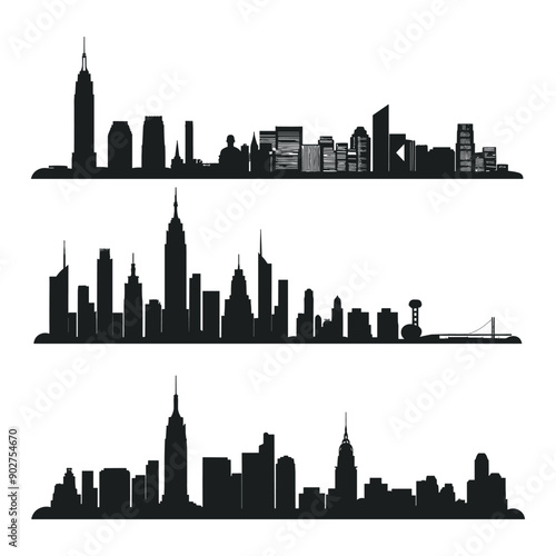 Set of 3 black and white New York City skyline silhouettes.