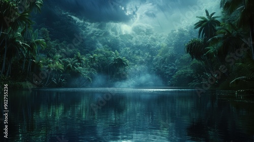 Fototapeta Naklejka Na Ścianę i Meble -  Mysterious tropical rainforest, dark and tranquil, showcasing the natural beauty and spooky atmosphere of the jungle.