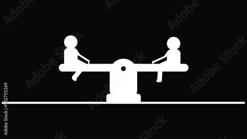 Cartoon stick figures man sitting on seesaw on black background.