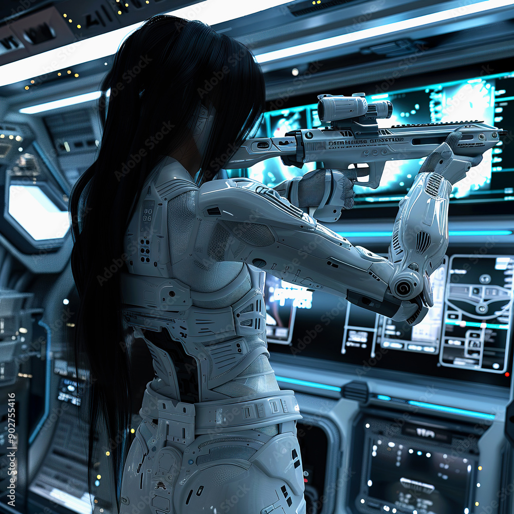 Futuristic Cyborg Soldier Holding a Weapon in a Spacecraft Interior Futuristic Cyborg Soldier Holding a Weapon in a Spacecraft Interior