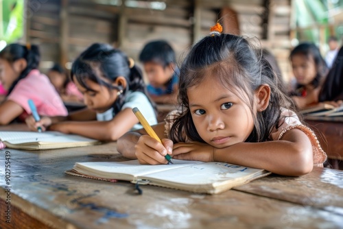 Young girl engaged in writing at a rural school classroom in southeast Asia