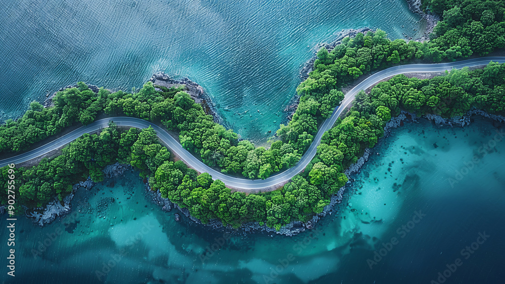 Aerial View of Coastal Road and Lush Forest Aerial View of Coastal Road and Lush Forest