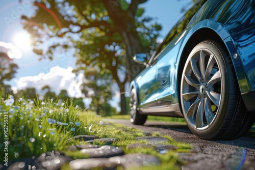 Shiny blue electric car parked alongside lush green grass on a sunny day