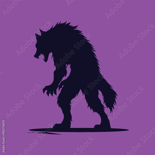 Silhouette of a werewolf on a purple background.