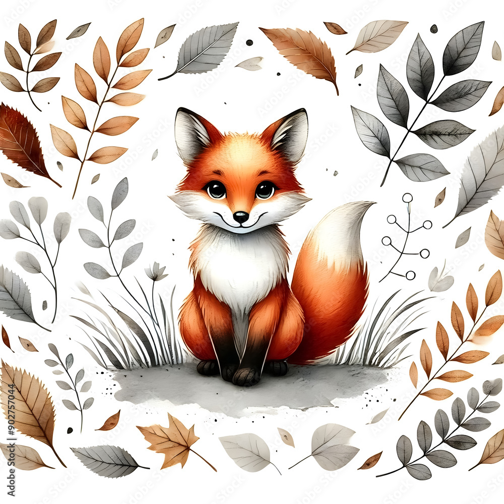 A cute fox sitting in a field of fallen leaves in the watercolor style. A cute fox sitting in a field of fallen leaves in the watercolor style.