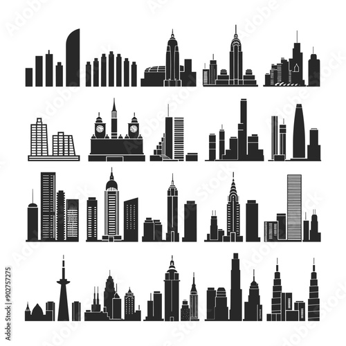 Set of city skylines, black silhouettes, vector illustration.