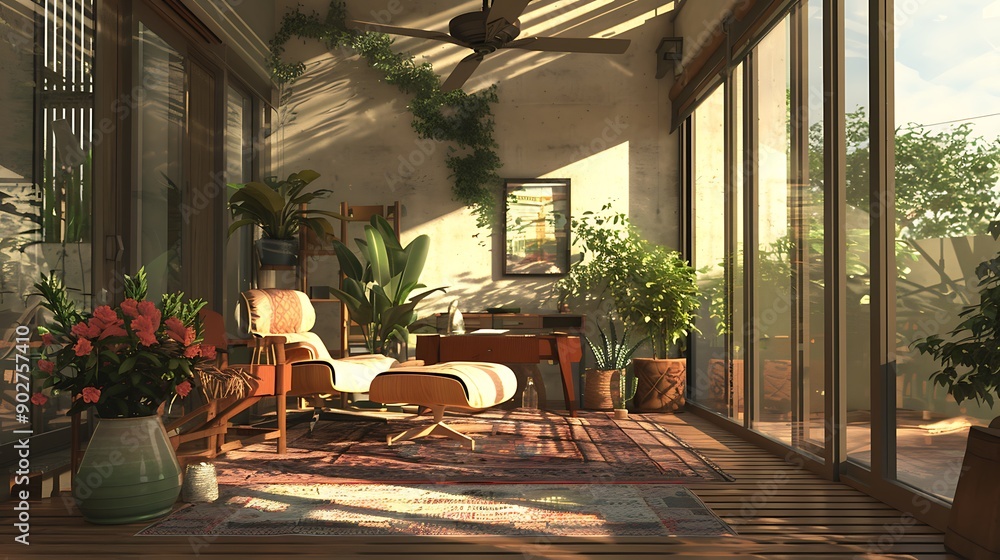 Fototapeta premium Digitally generated cozy and ceiling fan modern balcony garden