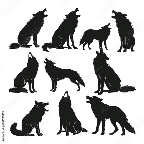 Silhouettes of wolves howling in different poses. 