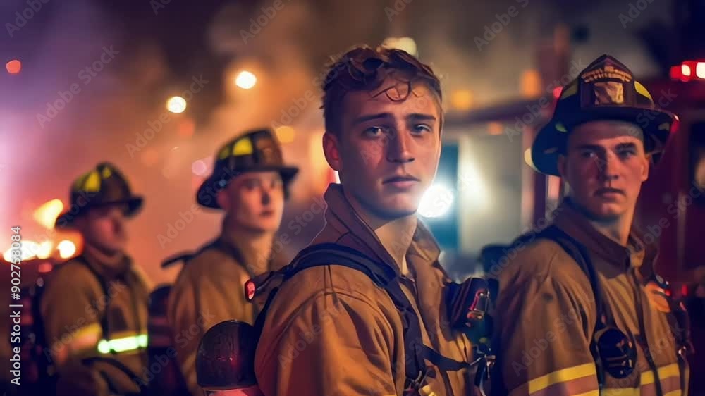 line of determined firefighters in reflective gear with a focus on one looking ahead emergency vehicle lights glowing line of determined firefighters in reflective gear with a focus on one looking ahead emergency vehicle lights glowing