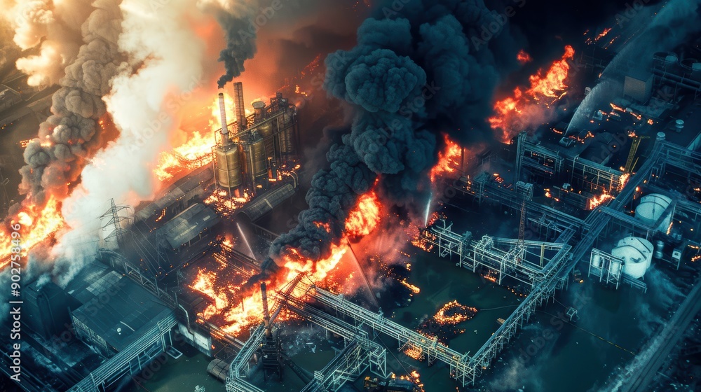 Fire In Factories Aerial view of a chemical factory fire, with intense flames and dark ...