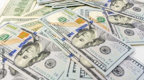 Wallpaper Mural Close up view of cash dollar banknotes, 100 one hundred US dollar bills, 50 US dollar bills, 20 US dollar bills, lots of cash. Torontodigital.ca