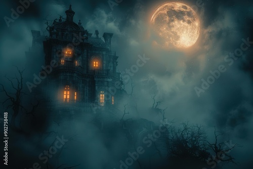 A gothic-style haunted mansion illuminated by a full moon, with eerie glowing windows and a misty, atmospheric setting.