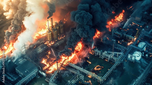 Aerial view of a chemical factory fire, with intense flames and dark smoke spreading, emphasizing the danger and scale of the emergency