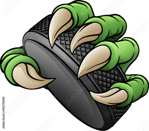 An ice hockey claw sports illustration of an eagle or animal monster hand holding a hockey puck