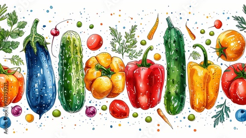 vector, illustration, Abstract appetizing Vegetables collection. Decorative abstract horizontal banner with colorful doodles. Hand-drawn modern illustrations with Vegetables, abstract elements. Cucumb