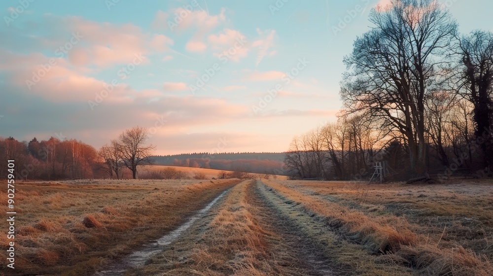 Field with trees and a dirt road leading into the sunset, showcasing a serene and picturesque view Field with trees and a dirt road leading into the sunset, showcasing a serene and picturesque view
