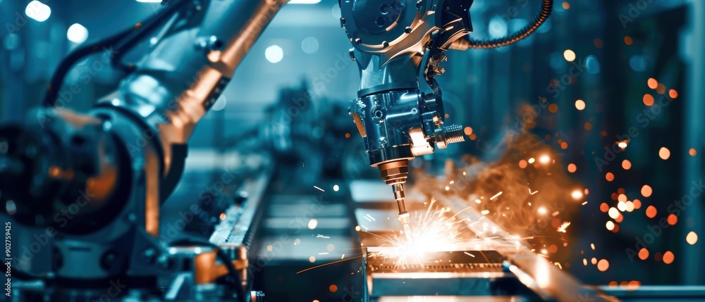 Focused view of a robotic arm utilizing advanced laser cutting technology, producing sparks in a low-lit automated smart factory setting Focused view of a robotic arm utilizing advanced laser cutting technology, producing sparks in a low-lit automated smart factory setting