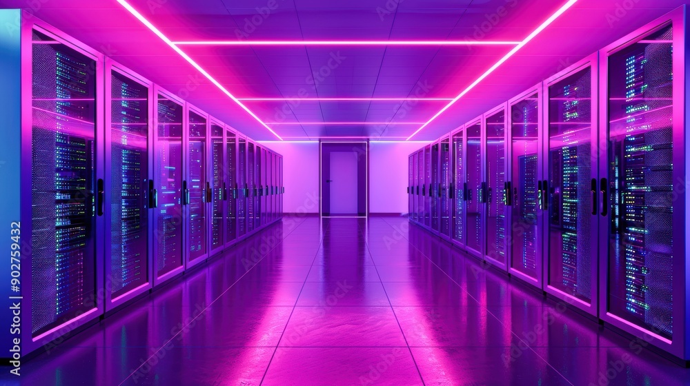Fototapeta premium Futuristic data center environment with vibrant lights illuminating server racks, showcasing advanced technology and infrastructure