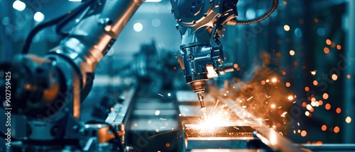 Focused view of a robotic arm utilizing advanced laser cutting technology, producing sparks in a low-lit automated smart factory setting