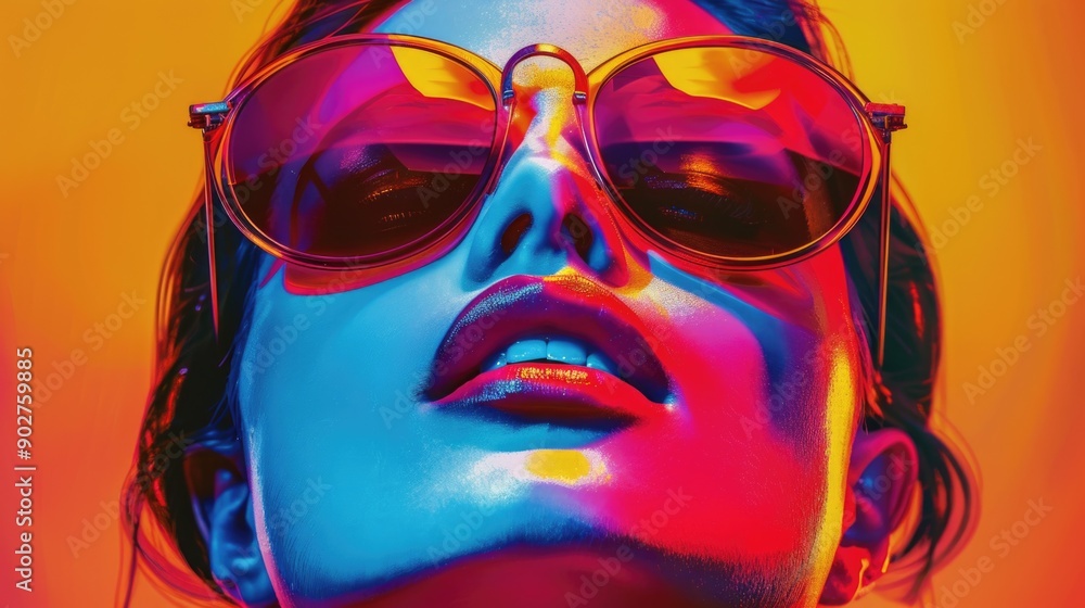 Fototapeta premium A woman wearing sunglasses against a bright and colorful background