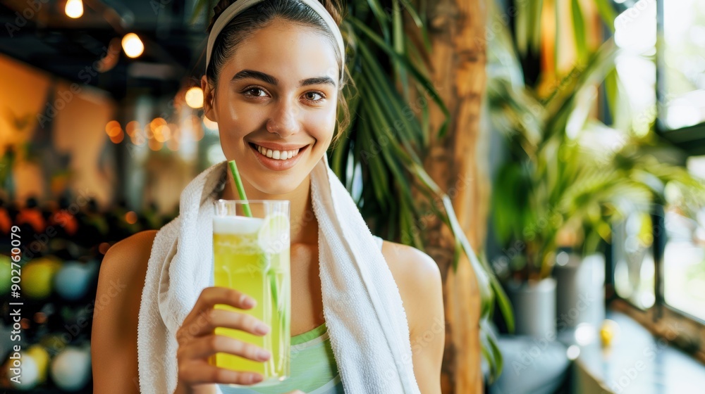 Portrait of a happy young woman in sportswear, draped with a white towel, holding a healthy drink after a gym workout Portrait of a happy young woman in sportswear, draped with a white towel, holding a healthy drink after a gym workout