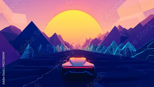 Futuristic car driving towards vibrant sunset