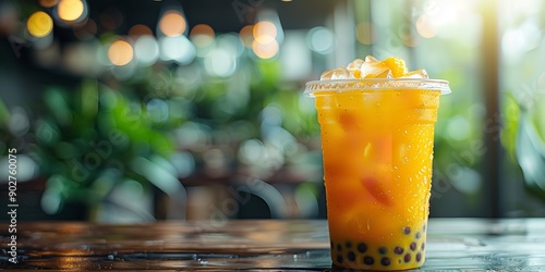 Mango lemon aroma with boba or tapioca pearls in bubbled milkshake in a plastic cup against blurry backdrop with blank space, midsummer relaxation motif, Generative AI.