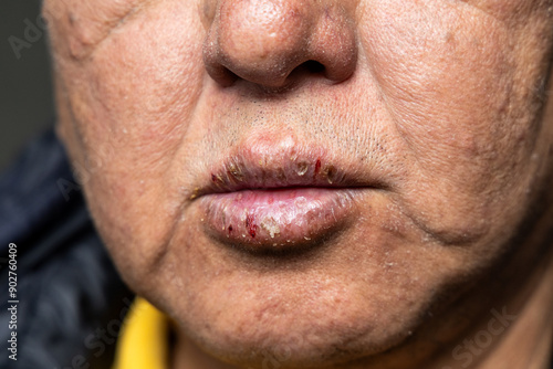 Closeup of elderly Asian man with dry face and chapped cracked lips with dryness during winter without protection