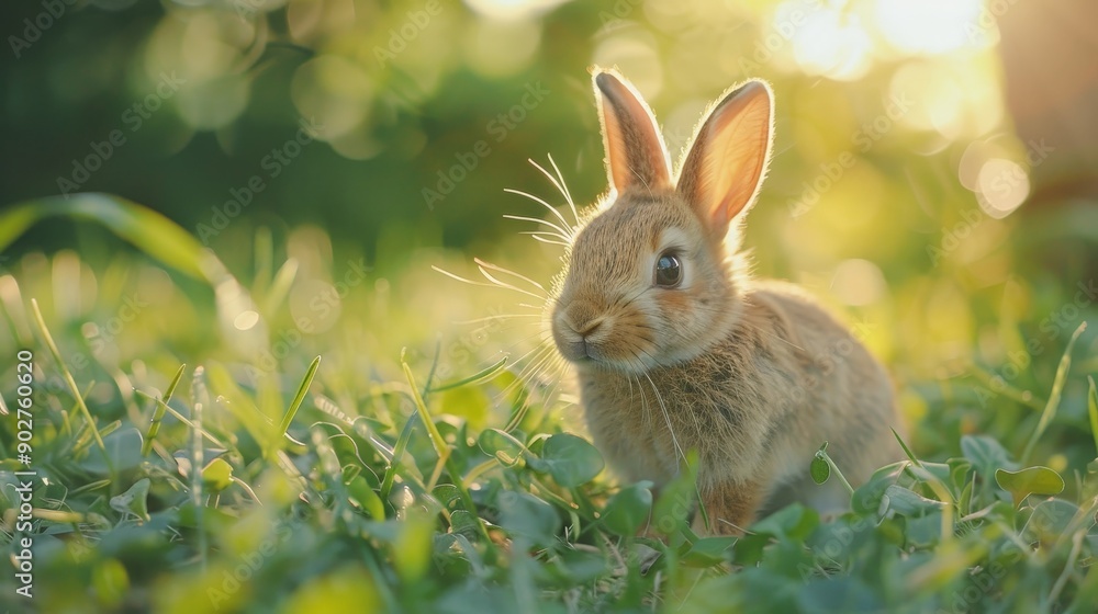 A baby rabbit hiding in the grass, morning light A baby rabbit hiding in the grass, morning light