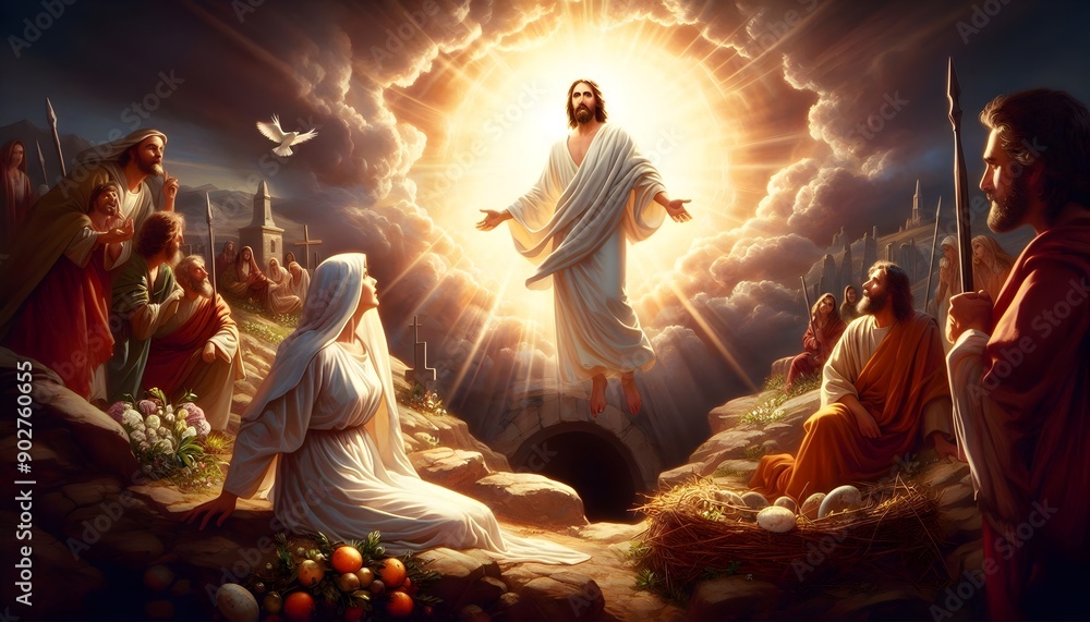 The Resurrection of Jesus Christ with an Empty Tomb and a Radiant, Resurrected Jesus Appearing to Mary Magdalene, Signifying a Profound Biblical and Religious Event Celebrating Victory Over Death