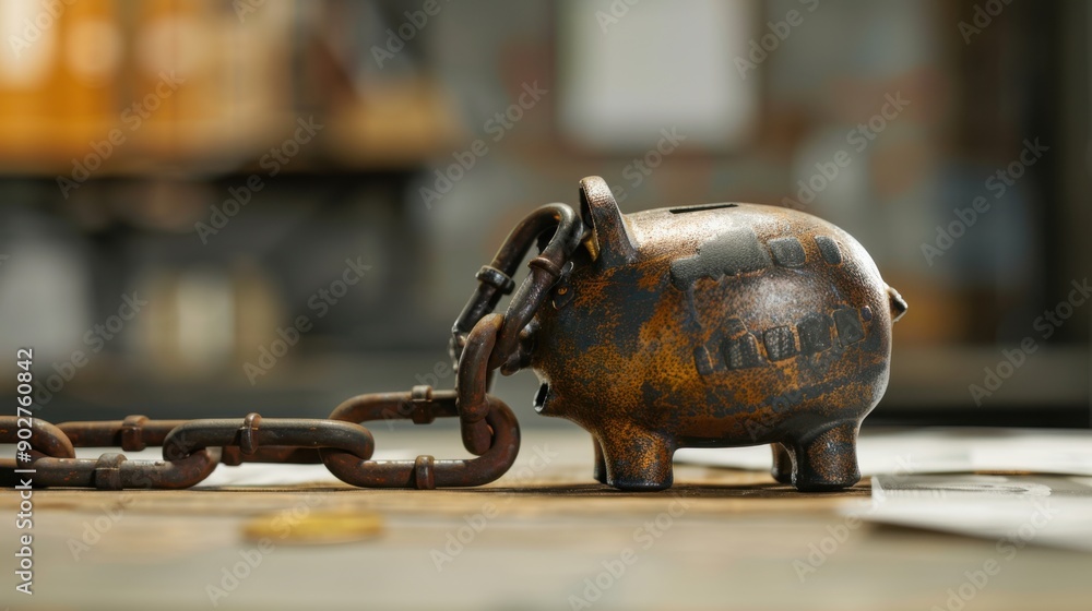 Fototapeta premium A heavy metal chain is tightly wrapped around a piggy bank, with the chain appearing rusty and old, symbolizing financial debt and constraint. The piggy bank, a classic ceramic design with a coin