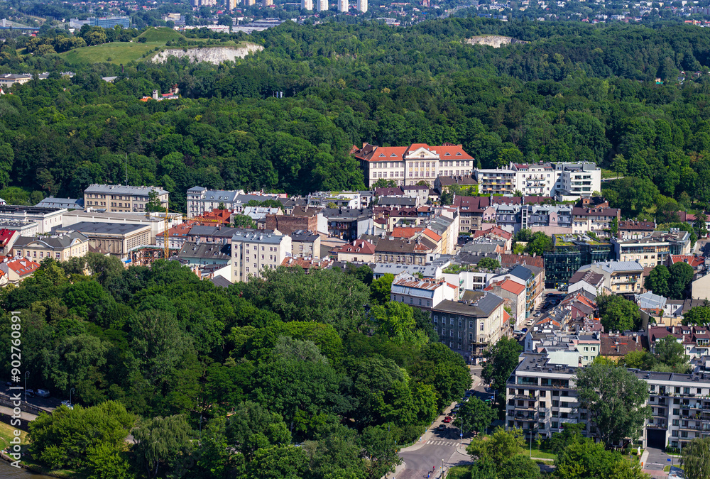 Fototapeta premium Panorama of Krakow, Poland as seen from Balon Widokowy, observation viewing platform on tethered balloon
