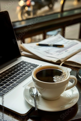 Wallpaper Mural Open laptop with coffee cup and papers in cafe Torontodigital.ca