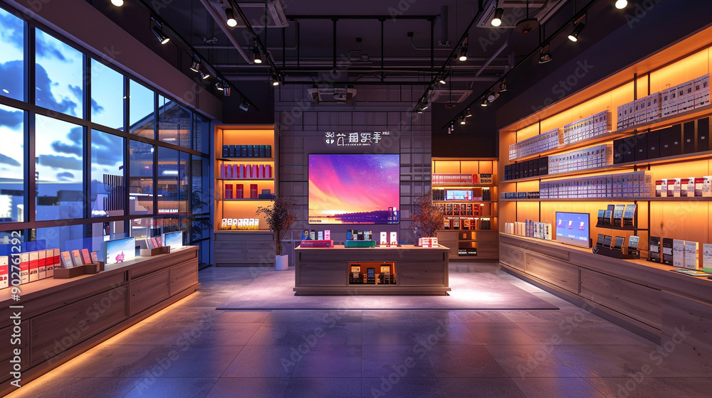 A store with a large screen on the wall and many shelves of products A store with a large screen on the wall and many shelves of products