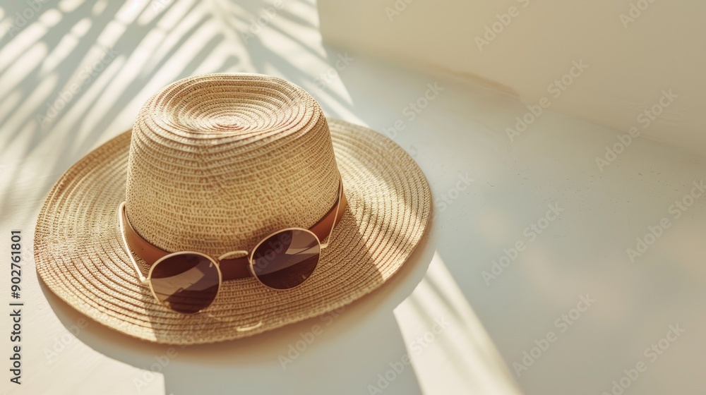 Straw hat and round sunglasses in sunlight beam. Straw hat and round sunglasses in sunlight beam.