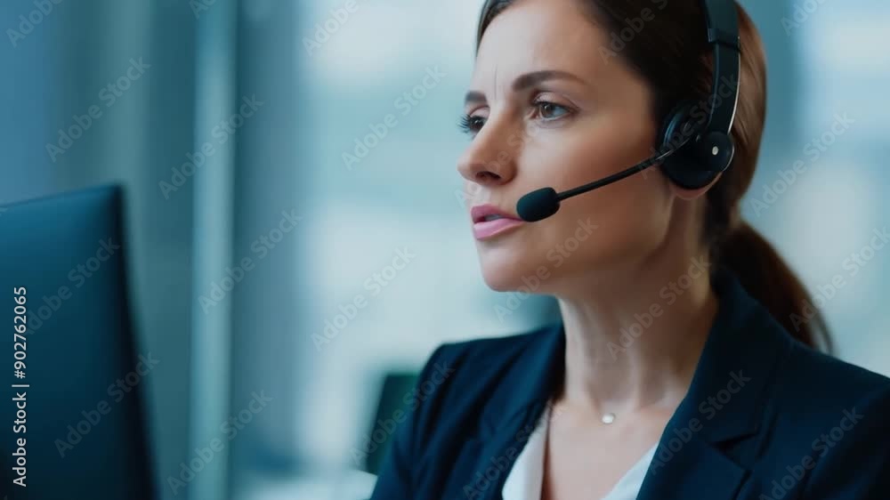 This woman provides assistance to customers using a headset in a bright office. This woman provides assistance to customers using a headset in a bright office.