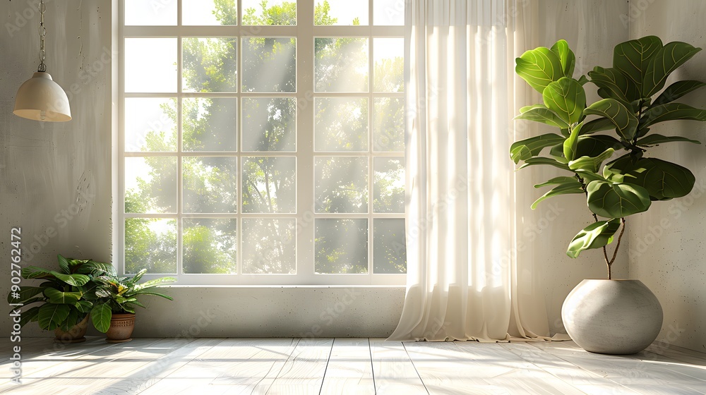 Bright living room, front view, large windows, translucent white curtains, sunlight streaming in, shadow play on walls, indoor plants, fiddle leaf fig, minimalist decor, clean white walls. Bright living room, front view, large windows, translucent white curtains, sunlight streaming in, shadow play on walls, indoor plants, fiddle leaf fig, minimalist decor, clean white walls.